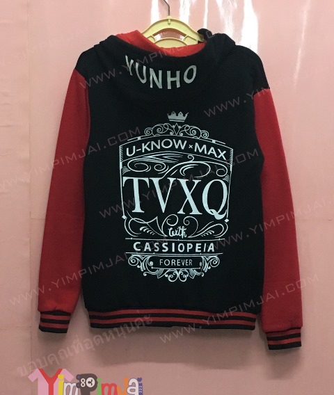 เสื้อแจ็คเก็ตเบสบอลแบบมีฮู้ดสีดำแขนแดง เสื้อแฟนเมด TVXQ