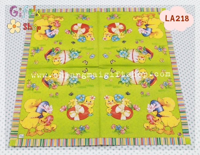 กระดาษแนปกิ้นยุโรป, ลายไข่อีสเตอร์, ลูกเจี๊ยบ, พื้นหลังสีเขียว, ขอบลายทาง, ลายไข่, เทศกาลอีสเตอร์