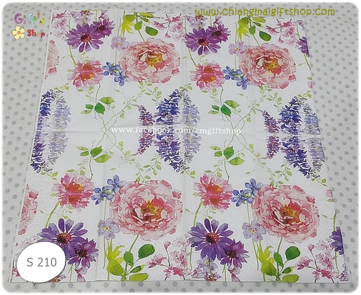 กระดาษแนปกิ้น ลายดอกกุหลาบสีชมพูขาว ดอกไม้สีม่วง มีก้านมีใบสีเขียว พื้นหลังสีขาว Pink Roses white