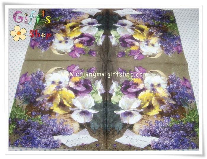กระดาษแนปกิ้นยุโรป, ลายดอกไม้สีม่วงเหลือง, ลายดอกลาเวนเดอร์, พื้นหลังสีน้ำตาลเข้ม, ลายดอกไม้โทนสีม่วง, พื้นหลังสีเข้ม