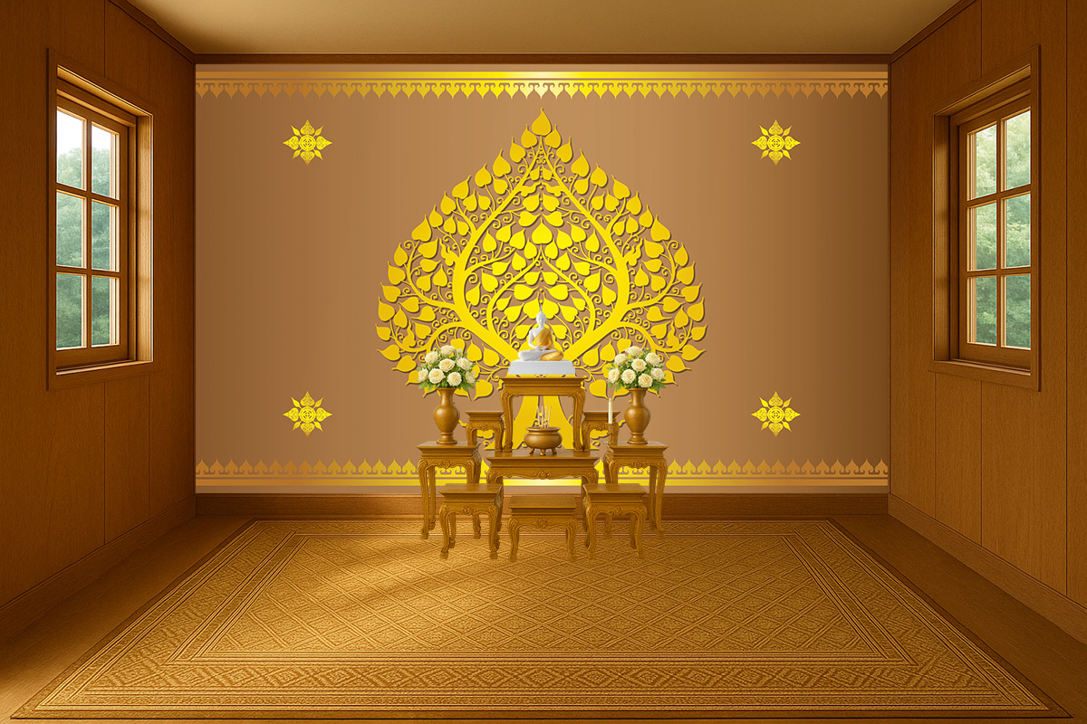 วอลเปเปอร์ภาพพิมพ์ ภาพต้นโพธิ์ทอง สั่งทำตามขนาด ออกแบบลายไทย เรียบหรู แดง/น้ำเงิน/เขียว/น้ำตาล CS-2023-BDT-001