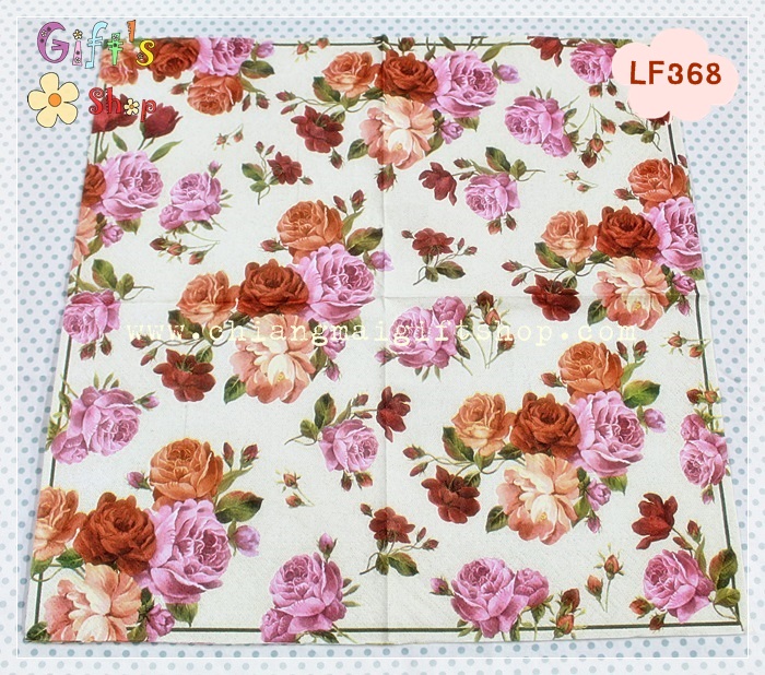 กระดาษแนปกิ้น ลายดอกกุหลาบสีแดง ชมพู พื้นหลังสีน้ำตาลอ่อน
