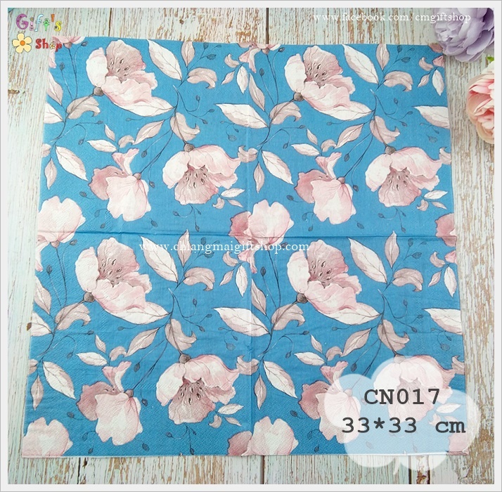 กระดาษแนปกิ้น ลายดอกไม้สีชมพู, ลายดอกไม้, ลายดอกไม้สีชมพูพื้นหลังสีฟ้า, พื้นหลังสีฟ้า