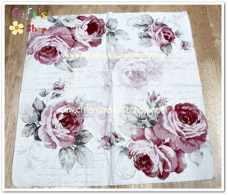 กระดาษแนปกิ้น ลายดอกกุหลาบสีแดงซีดๆ พื้นหลังสีขาว