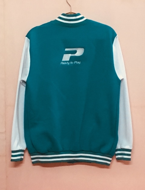 เสื้อแจ็คเก็ตเบสบอลเขียวมิ้น ขาว ปักโลโก้บริษัท