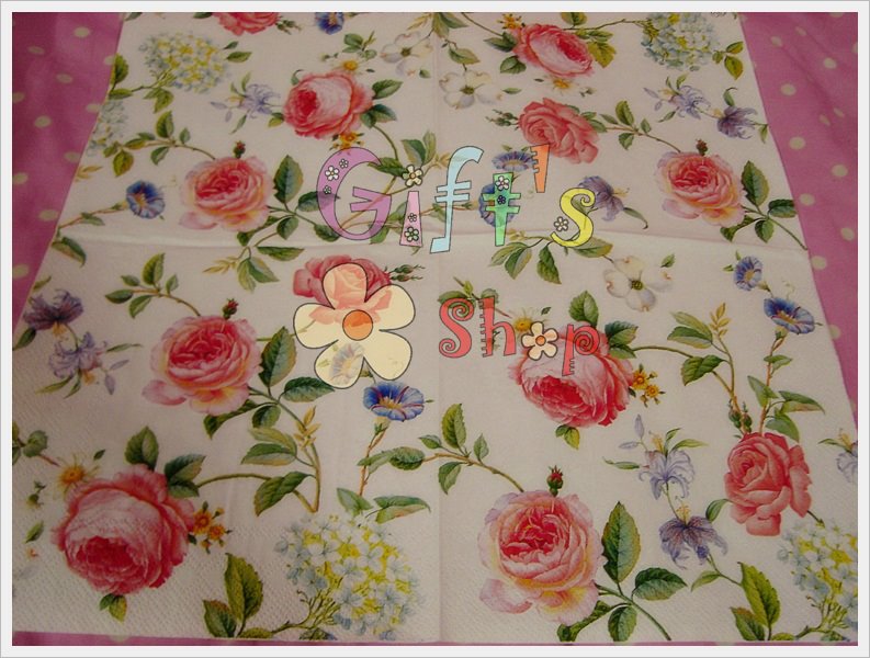 กระดาษแนปกิ้น ลายดอกไม้นานาพันธุ์ พื้นหลังสีขาว