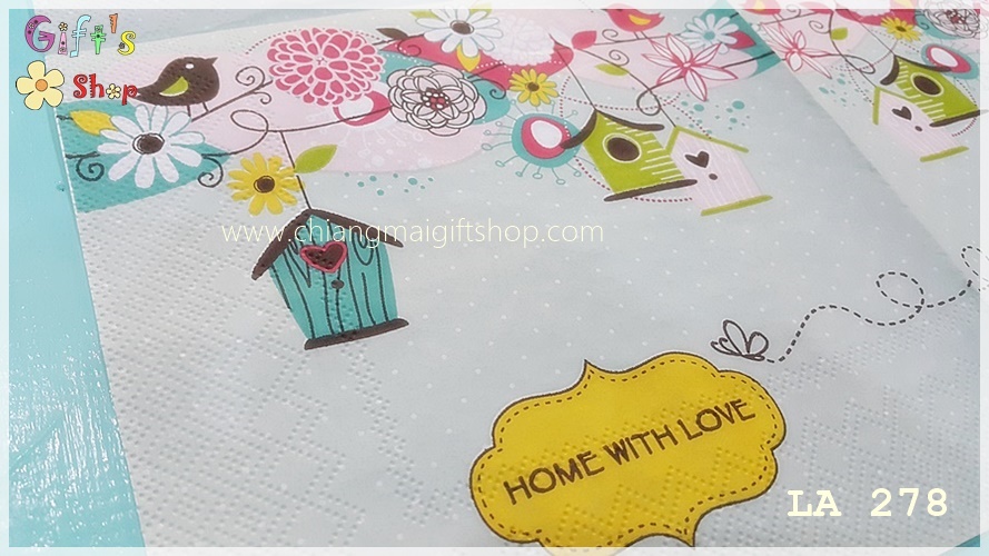 กระดาษแนปกิ้น ลายบ้านนก ดอกไม้ Home with love พื้นหลังสีฟ้าอ่อน
