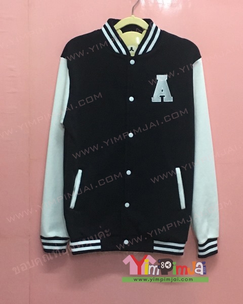 เสื้อกันหนาว เบสบอล สีดำ แขนยาวขาว กระดุมขาว มีกระเป๋า สกรีนตามสั่ง เสื้อเปล่า A PRAPAIPARN