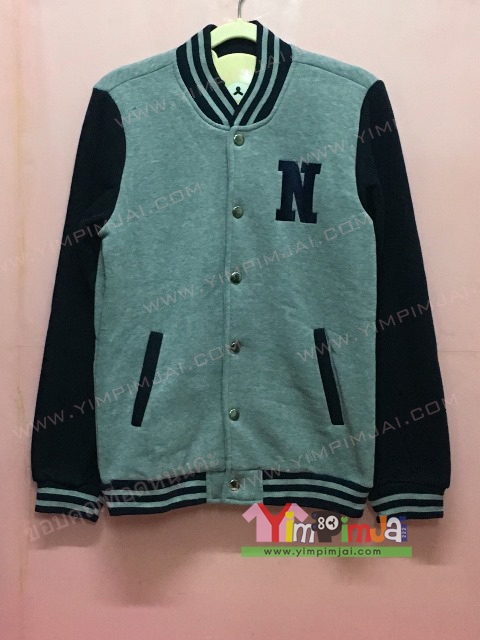 เสื้อกันหนาว เบสบอล สีเทา แขนยาวดำ กระดุม ลายตามสั่ง เสื้อห้อง เสื้อรุ่น N N