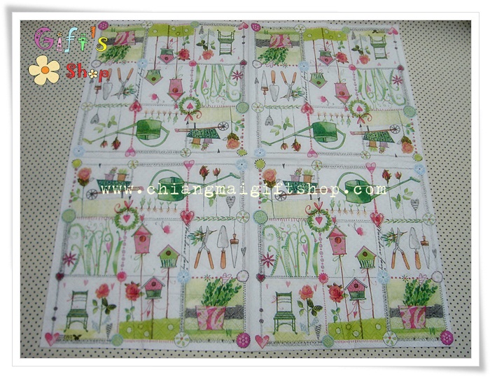 กระดาษแนปกิ้นยุโรป, ลายบ้านนก, ลายบัวรดน้ำ, ลายกระถางต้นไม้, ลายเก้าอี้ในสวน, ลายดอกกุหลาบ, ลายทำสวน, พื้นหลังสีขาว