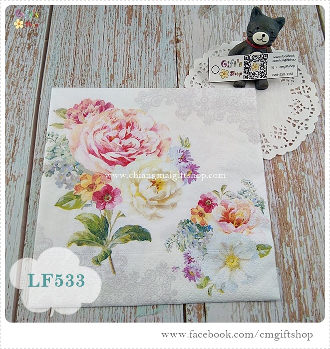 กระดาษแนปกิ้นยุโรป ,Romantic Lace, ลายดอกไม้สีหวาน, ลายช่อดอกไม้, ลายดอกกุหลาบ, ลายดอกไม้, พื้นหลังมีลายลูกไม้สีอ่อน, พื้นหลังสีอ่อน