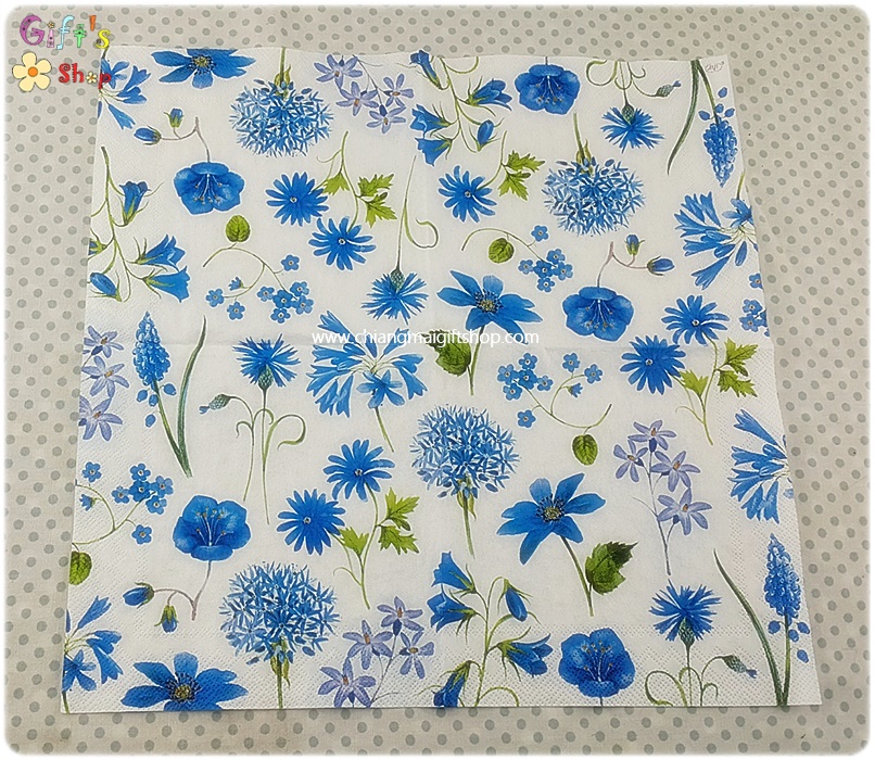 กระดาษแนปกิ้น ลายดอกไม้เล็กๆ ลายดอกไม้สีน้ำเงิน ลายดอกไม้สีน้ำเงินเล็กๆ ลายดอกไม้สีน้ำเงินหลายแบบ พื้นหลังสีขาว SORA