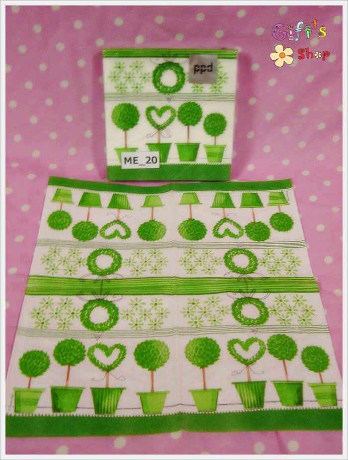 กระดาษแนปกิ้นยุโรป, ลายต้นไม้รูปหัวใจสีเขียวในกระถาง, ขอบสีเขียว, ลายทำสวน, ลายต้นไม้, ลายต้นไม้ในกระถาง, ลายGarden Topiary, พื้นหลังสีขาว