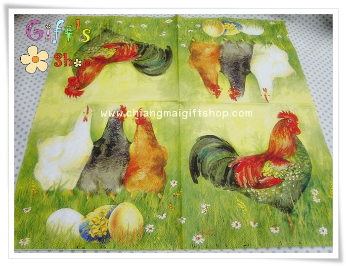 กระดาษแนปกิ้นยุโรป, ลายไก่ตัวผู้, ไก่ตัวเมีย, ไข่, ในทุ่งหญ้า, พื้นหลังสีเขียว, ลายไข่, ลายไข่อีสเตอร์, เทศกาลอีสเตอร์