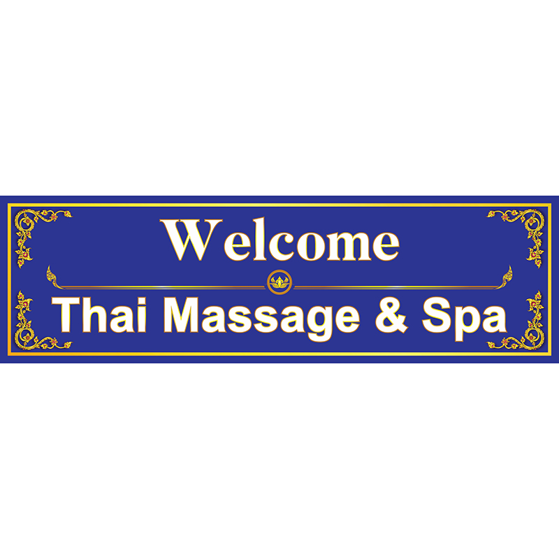 สติ๊กเกอร์ป้าย "Welcome Thai Massage & Spa" ตกแต่งกรอบด้วยลวดลายไทย สวยงาม เหมาะสำหรับตกแต่งร้านนวด ร้านสปาไทย แดง/ดำ/เขียว/น้ำเงิน/น้ำตาล WL14(60x18cm)