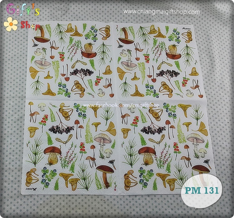 กระดาษแนปกิ้นยุโรป, ลายเห็ด, ลายบลูเบอร์รี่, ลายใบแปะก๊วย, พื้นหลังสีขาว, ลายPreiskat / Cat de Prix / Price cat, ลายผลไม้