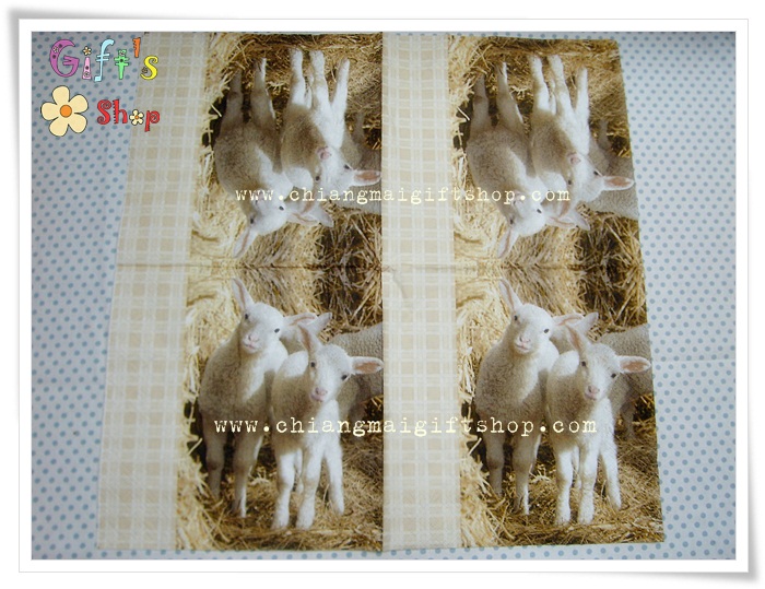 กระดาษแนปกิ้นยุโรป, ลายลูกแกะสองตัวในกองฟาง, ขอบลายสก็อตสีพื้นน้ำตาลอ่อน, ลายแกะ