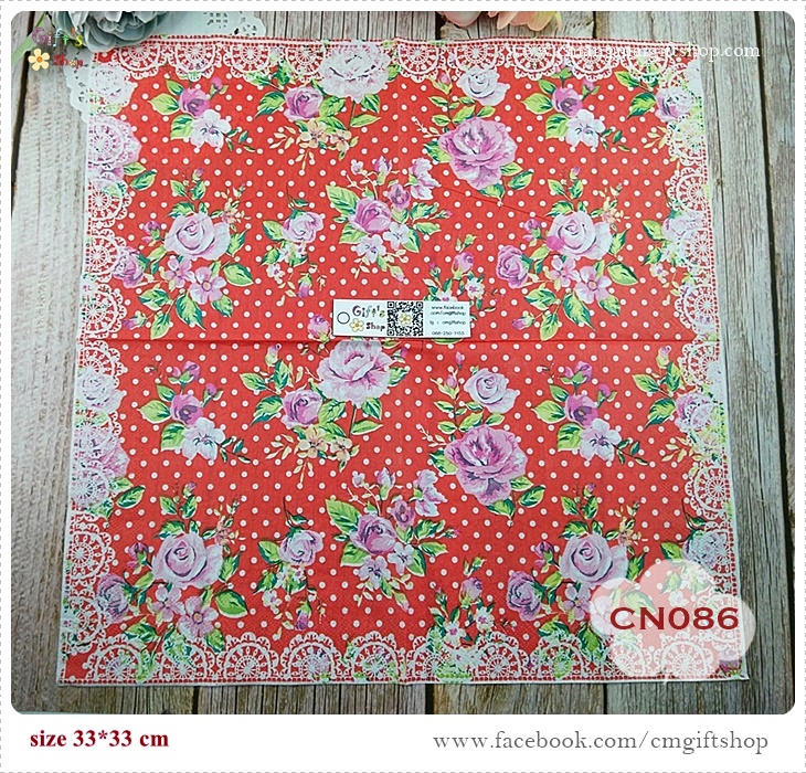 กระดาษแนปกิ้น, ลายดอกไม้สีชมพู, ลายดอกกุหลาบสีชมพู, ลายดอกไม้เล็กๆ, ลายดอกกุหลาบเล็กๆ, ขอบลายลูกไม้, พื้นหลังสีแดง, สีสันสดใส, ลายเต็มผืน, ลายเล็กๆ, ลายช่อดอกไม้,