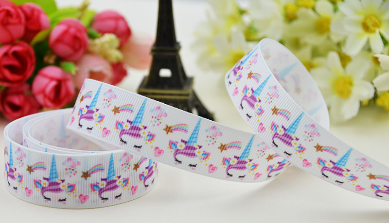 ริบบิ้นผ้าพิมพ์ลาย ม้ายูนิคอร์น (Unicorn) กว้าง 22 mm #PN32