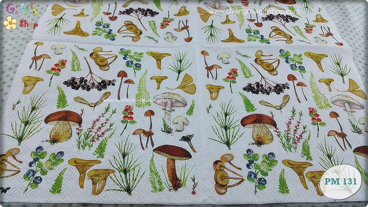 กระดาษแนปกิ้นยุโรป, ลายเห็ด, ลายบลูเบอร์รี่, ลายใบแปะก๊วย, พื้นหลังสีขาว, ลายPreiskat / Cat de Prix / Price cat, ลายผลไม้