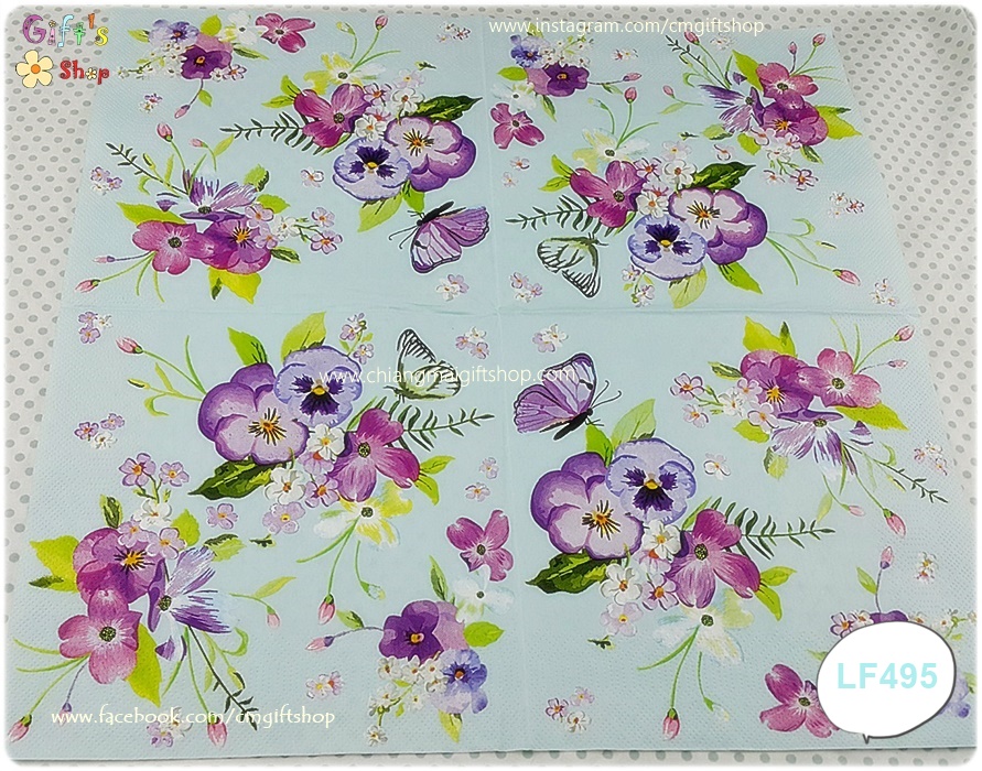 กระดาษแนปกิ้นยุโรป, ลายดอกไม้สีชมพูสีม่วง, พื้นหลังสีฟ้าอ่อน, ผีเสื้อสีม่วง , Spring Flowers on Blue Background,ลายดอกผีเสื้อ, ลายดอกหน้าแมว, ลายดอกแพนซี