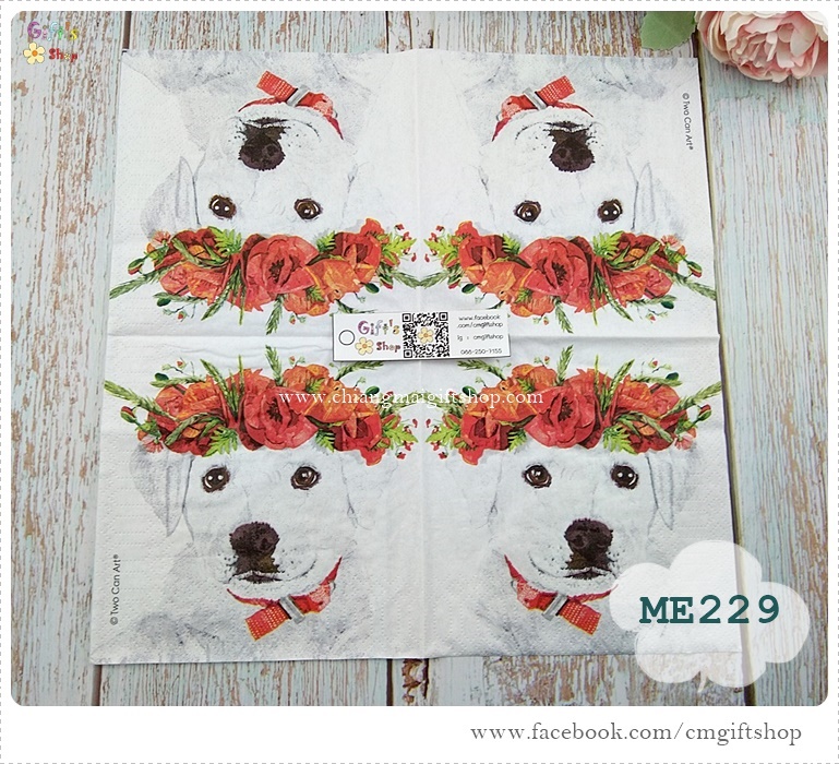 กระดาษแนปกิ้นยุโรป, Enzo's Spring, ลายน้องหมาสีขาวใส่มงกุฏดอกไม้สีแดง, ลายน้องหมา, ลายหมาสีขาว, ดอกไม้สีแดง, ลายหมากับดอกไม้, พื้นหลังสีขาว