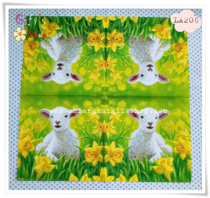 กระดาษแนปกิ้นยุโรป, ลายแกะน้อยนอนในทุ่งดอกไม้สีเหลือง, พื้นหลังสีเขียว , ลายแกะ