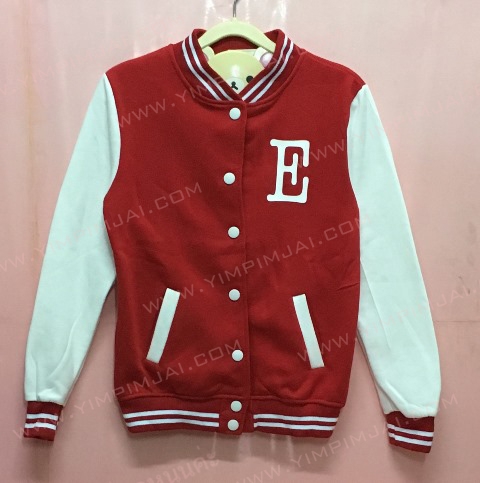 เสื้อกันหนาว เบสบอล สีแดง แขนยาวขาว กระดุมขาว ลายตามสั่ง เสื้อห้อง เสื้อรุ่น E Eating Musketeer Bam Preaw Palm