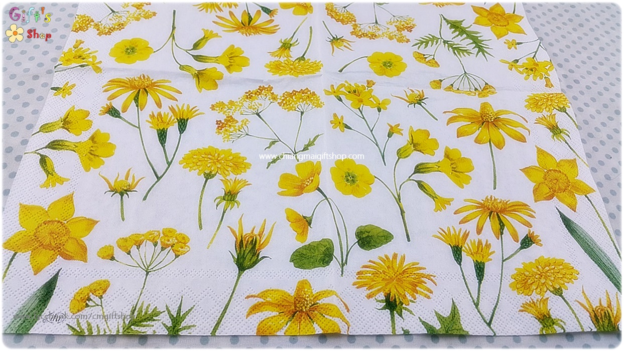 กระดาษแนปกิ้น ลายดอกไม้เล็กๆ ลายดอกไม้สีเหลือง ลายดอกไม้สีเหลืองหลายชนิด พื้นหลังสีขาว RICA