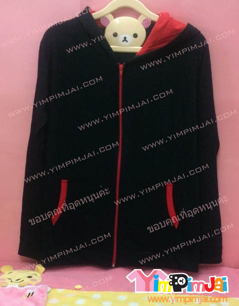 เสื้อกันหนาว สีดำ แขนยาว หมวกในแดง ซิปแดง สกรีนตามสั่ง Chinese NCW57