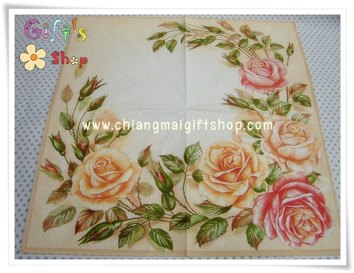 กระดาษแนปกิ้น ลายดอกกุหลาบสีแดง โอลด์โรส พื้นหลังสีขาว
