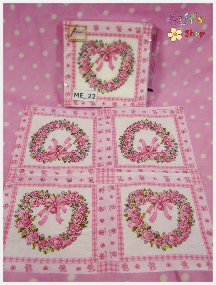 กระดาษแนปกิ้น ลายดอกกุหลาบสีชมพูรูปหัวใจ ผูกริบบิ้น