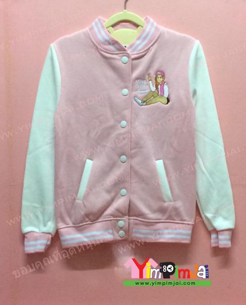 เสื้อกันหนาว เบสบอล สีชมพู แขนยาวขาว ลายตามสั่ง เสื้อห้อง เสื้อรุ่น ปักอก Ying Yiing