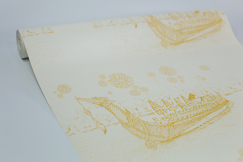 วอลเปเปอร์ลายไทย ลายเรือสุพรรณหงส์ ขาว-ทอง JPS205