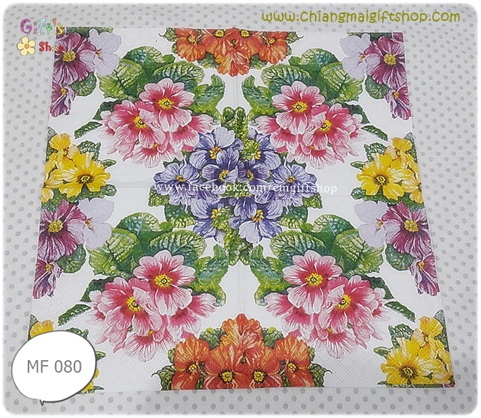กระดาษแนปกิ้น ลายดอกไม้สีแดง ม่วง ส้ม เหลือง ช่อดอกไม้หลายสี ใบไม้สีเขียว พื้นหลังสีขาว Primroses