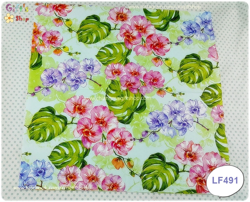 กระดาษแนปกิ้น ลายดอกกล้วยไม้ป่าสีชมพู สีม่วง ใบพลูฉีก พื้นหลังสีเขียวอ่อน Wild Orchid with Monstera