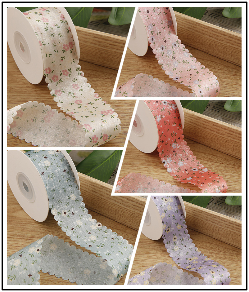 พร้อมส่ง ริบบิ้นผ้า ลายดอกไม้ สีหวาน ขอบหยัก สไตล์เกาหลี