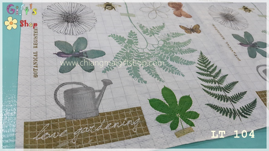 กระดาษแนปกิ้น ลาย Love gardening บัวรดน้ำ ใบเฟิร์น ใบไม้ ผึ้ง แมลง พื้นหลังสีขาว