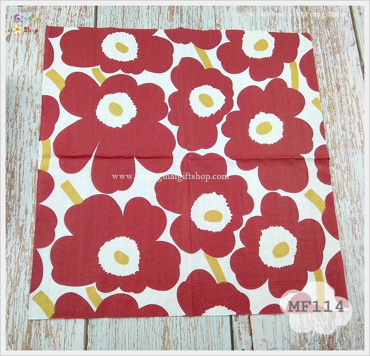 กระดาษแนปกิ้น ลายUNIKKO dark red gold ลายดอกไม้ ลายของ marimekko ลายดอกไม้สีแดง ก้านและเกสรสีทอง พื้นหลังสีขาว