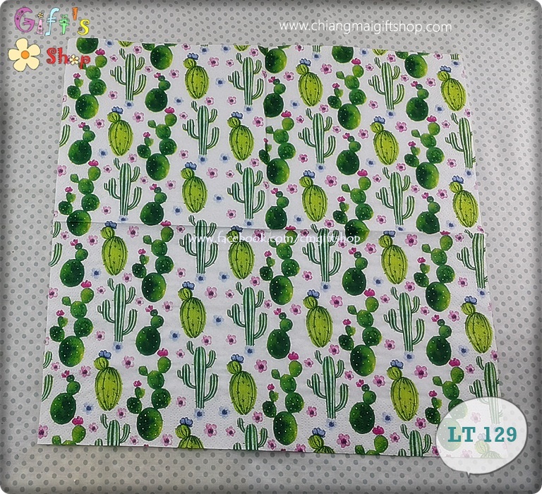 กระดาษแนปกิ้น ลายต้นกระบองเพชร แคคตัส พื้นหลังสีขาว Floral Cactus