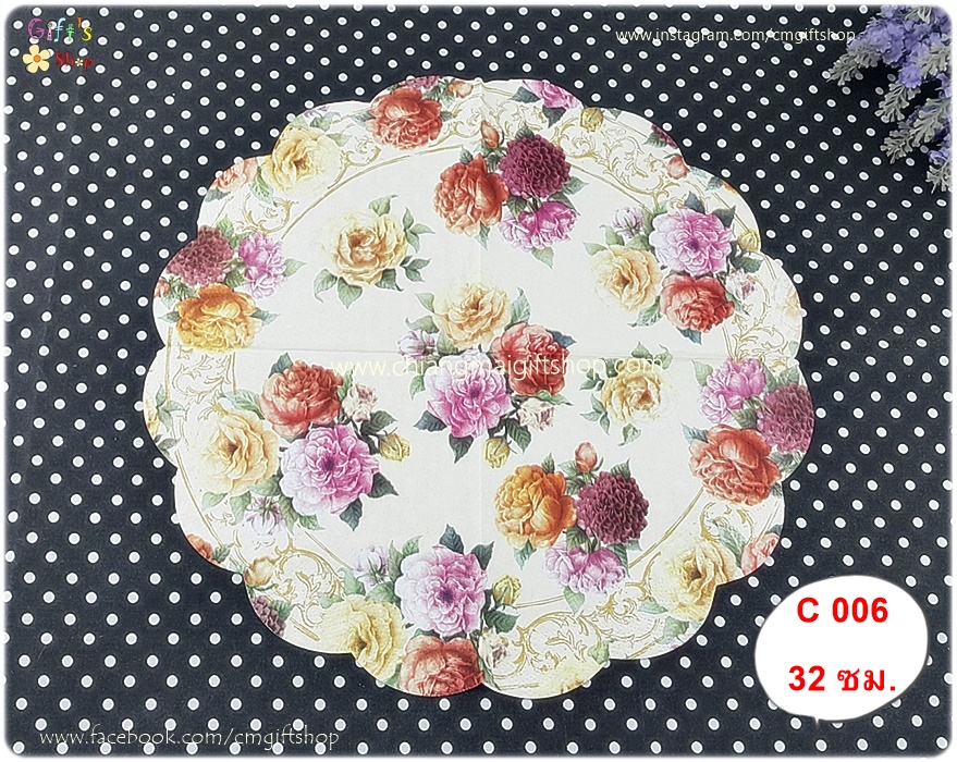 กระดาษแนปกิ้นวงกลม ลายช่อกุหลาบสีแดง กุหลาบสีม่วง กุหลาบสีชมพู พื้นหลังสีครีม