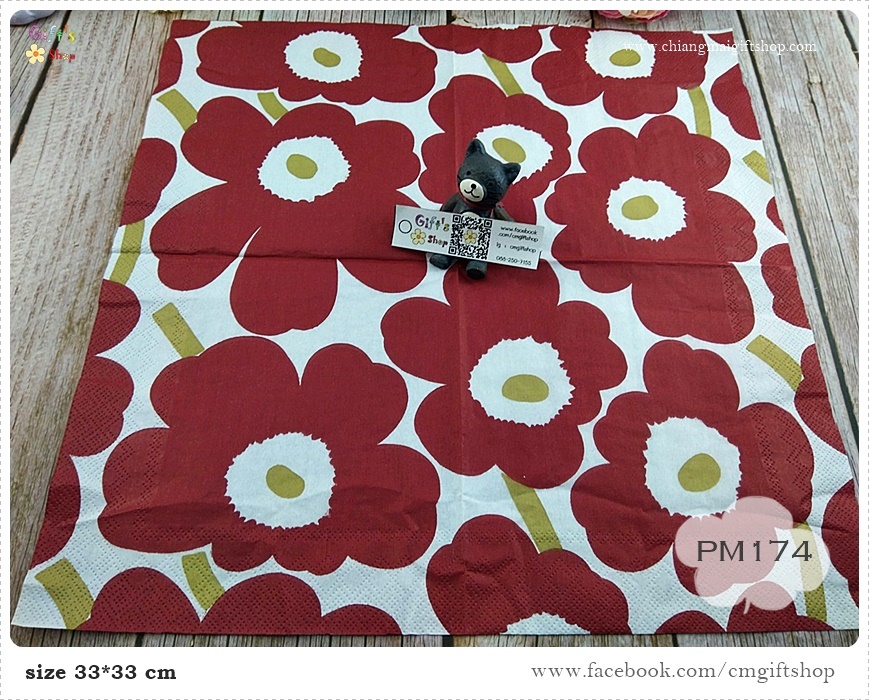 กระดาษแนปกิ้นยุโรป, ลายดอกไม้สีแดงเข้มเกสรสีทอง, ลาย UNIKKO dark red gold, ลายของ marimekko, marimekko, พื้นหลังสีขาว, ลายดอกไม้ใหญ่ๆ