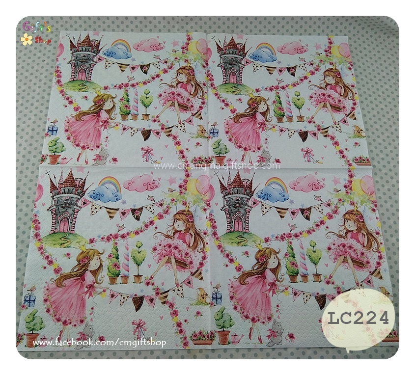 กระดาษแนปกิ้น ลายแฟรี่เทล ลายfairy tale Fairy Tale Princess ลายเจ้าหญิง ลายปราสาท ลายเด็กผู้หญิง ลายก้อนเมฆ ลายสายรุ้ง ลายดอกกุหลาบเล็กๆ ลายเด็กผู้หญิงใส่ชุดสีชมพู ลายกล่องของขวัญ ลายลูกโป่ง ลายต้นไม้เล็กๆ พื้นหลังสีขาว