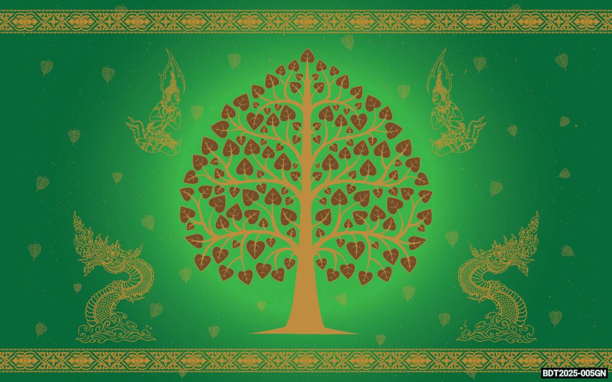 วอลเปเปอร์ภาพพิมพ์ ต้นโพธิ์-เทวดา-พญานาค ดีไซน์ใหม่ล่าสุด สีเขียว CV-BDT2025-005GN