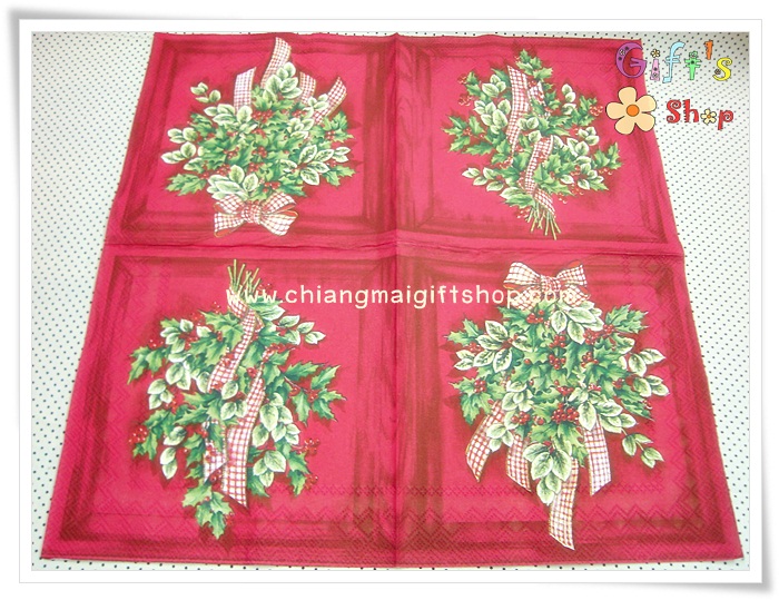 กระดาษแนปกิ้น ลายมิสเซิลโท พื้นหลังสีแดง โบว์ลายสก็อต