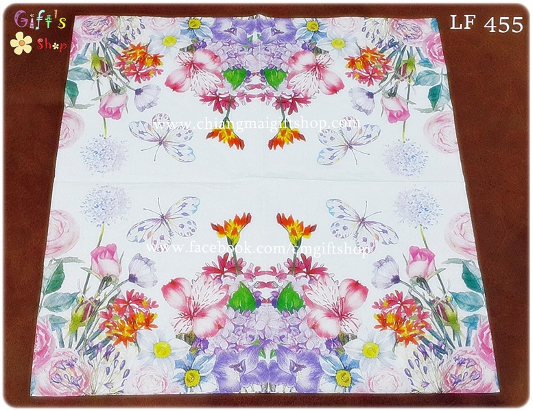 กระดาษแนปกิ้น ลายช่อดอกไม้ ทุ่งดอกไม้สีสันสดใส spring ฤดูใบไม้ผลิ ดอกไม้สีม่วง ชมพู ส้ม ขาวฟ้า ดอกกุหลาบ ผีเสื้อลายสีม่วง พื้นหลังสีขาว