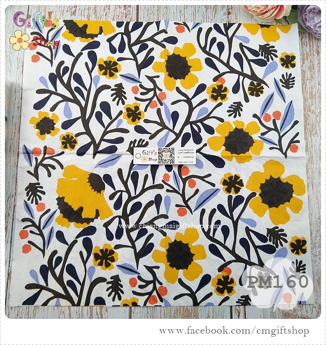 กระดาษแนปกิ้นยุโรป, ลายดอกไม้ ลายMYKERO white yellow, ลายของ marimekko, ดอกไม้สีเหลือง, พื้นหลังสีขาว