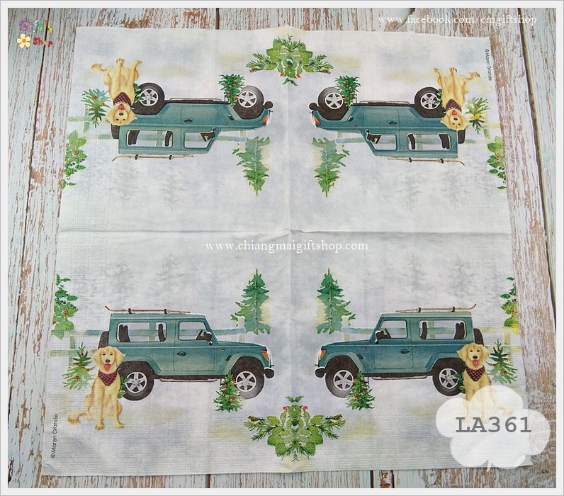 กระดาษแนปกิ้น ลายรถจี๊ป, ลายน้องหมา, ลายน้องหมากับรถจี๊ป, ลาย Holiday Jeep, ลายรถสีฟ้า, พื้นหลังสีอ่อน