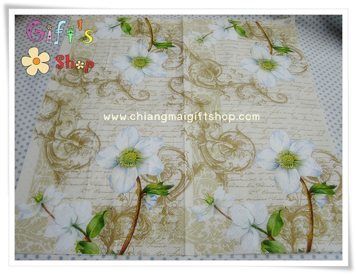 กระดาษแนปกิ้นยุโรป, ลายดอกคริสต์มาสสีขาว, ลายตัวอักษรภาษาอังกฤษ, ลายวินเทจ, ลายดอกไม้สีขาว, พื้นหลังสีครีม, พื้นหลังสีอ่อน, ลายChristmas Rose Collage, ลายคริสต์มาส, ลายเทศกาล