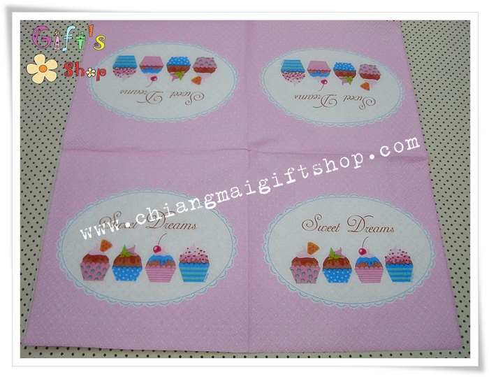 กระดาษแนปกิ้น ลายคัพเค้ก พื้นหลังสีขาว สีชมพู